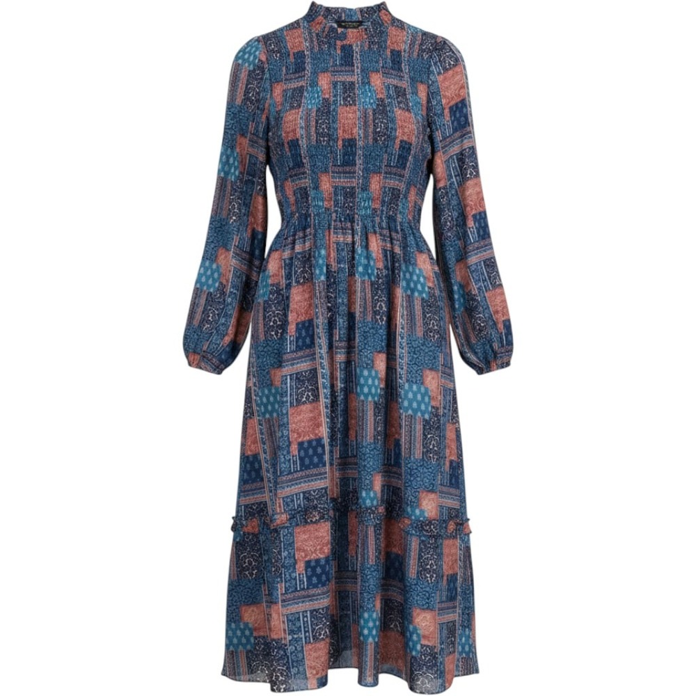 Simply Southern Avery Boho Patchwork Smocked Tiered Midi Dress Blue Rose Medium